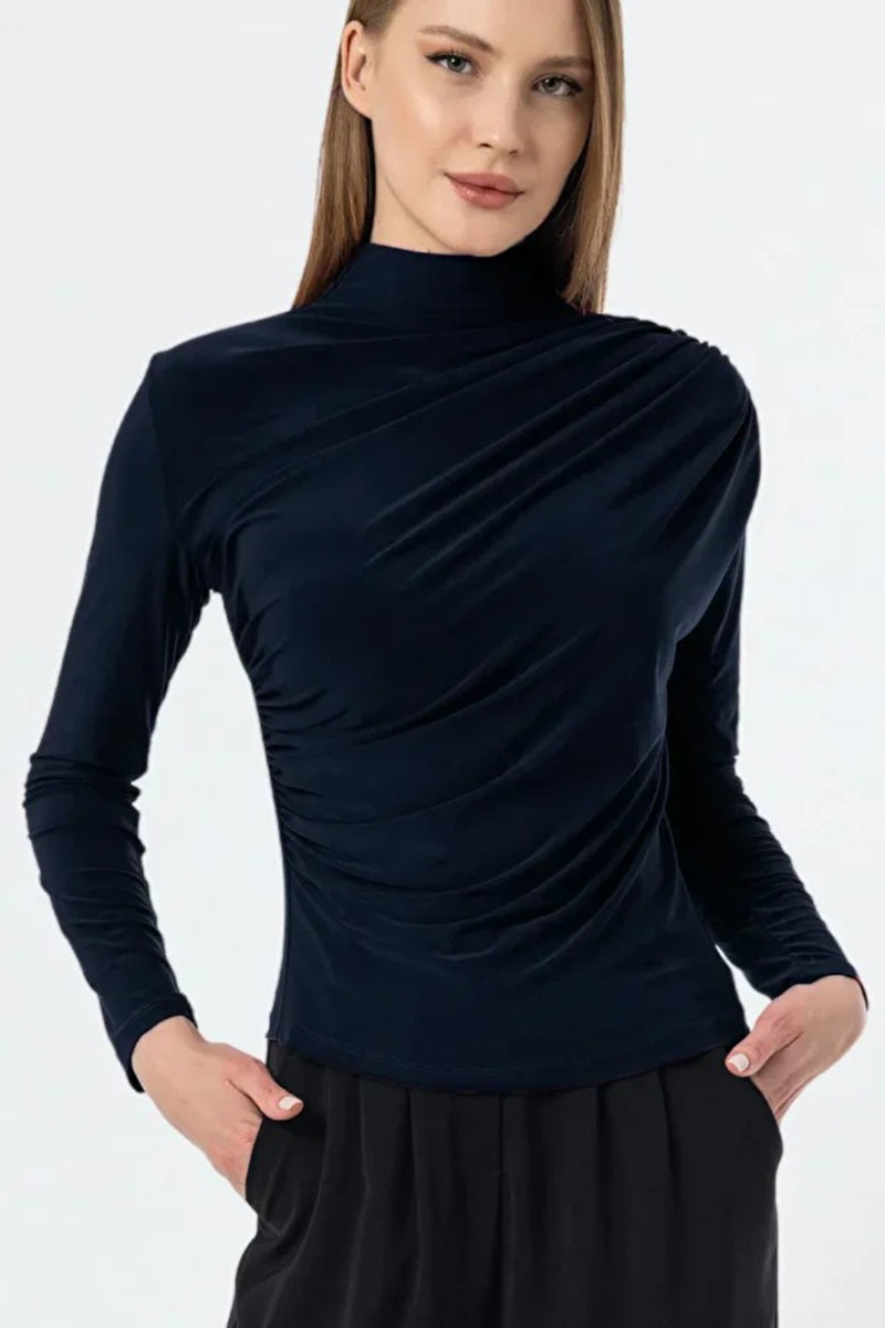 Navy Ruched High-Neck Sandy Blouse