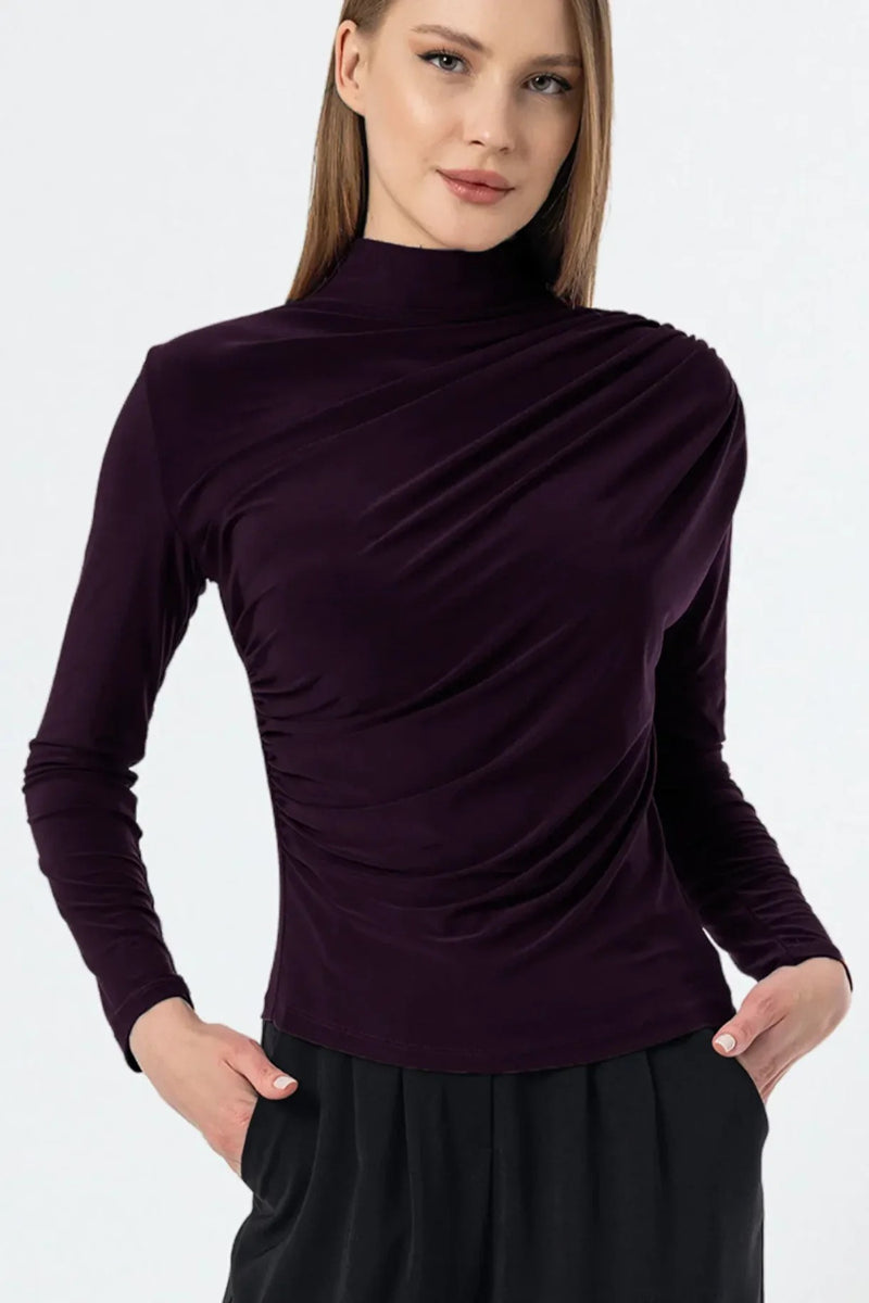 Purple Ruched High-Neck Sandy Blouse