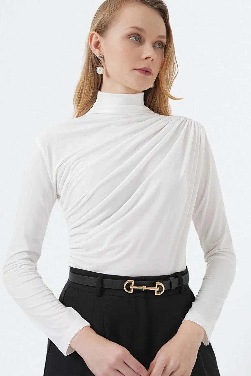 White Ruched High-Neck Sandy Blouse