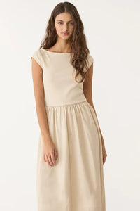 Beige Midi Dress with Contrast Pocket Detail