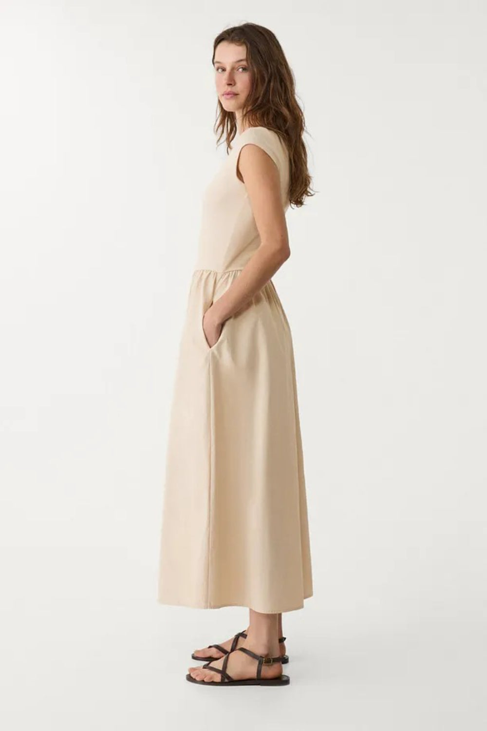 Beige Midi Dress with Contrast Pocket Detail