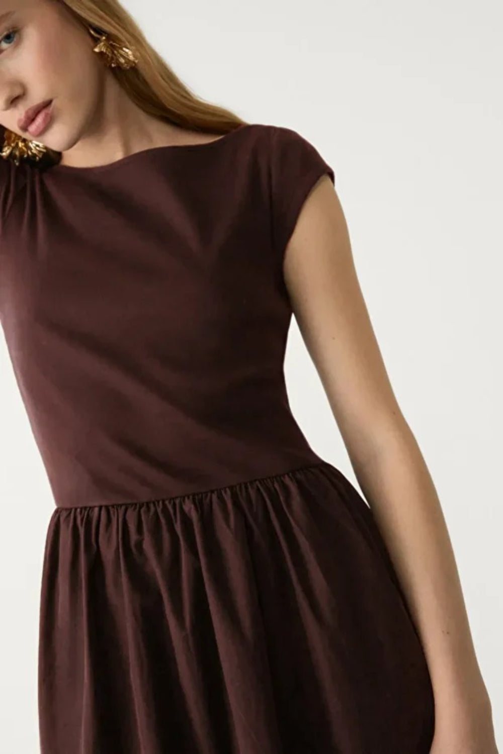 Brown Midi Dress with Contrast Pocket Detail