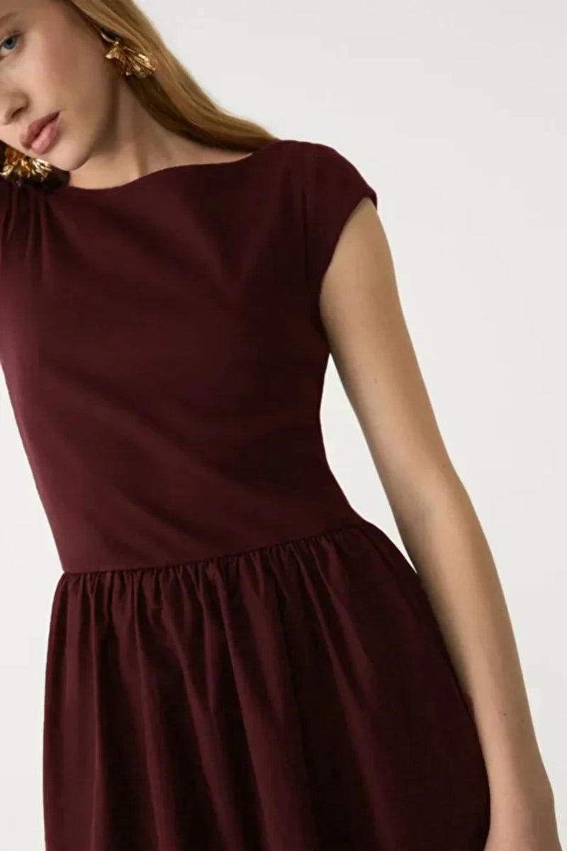 Burgundy Midi Dress with Contrast Pocket Detail