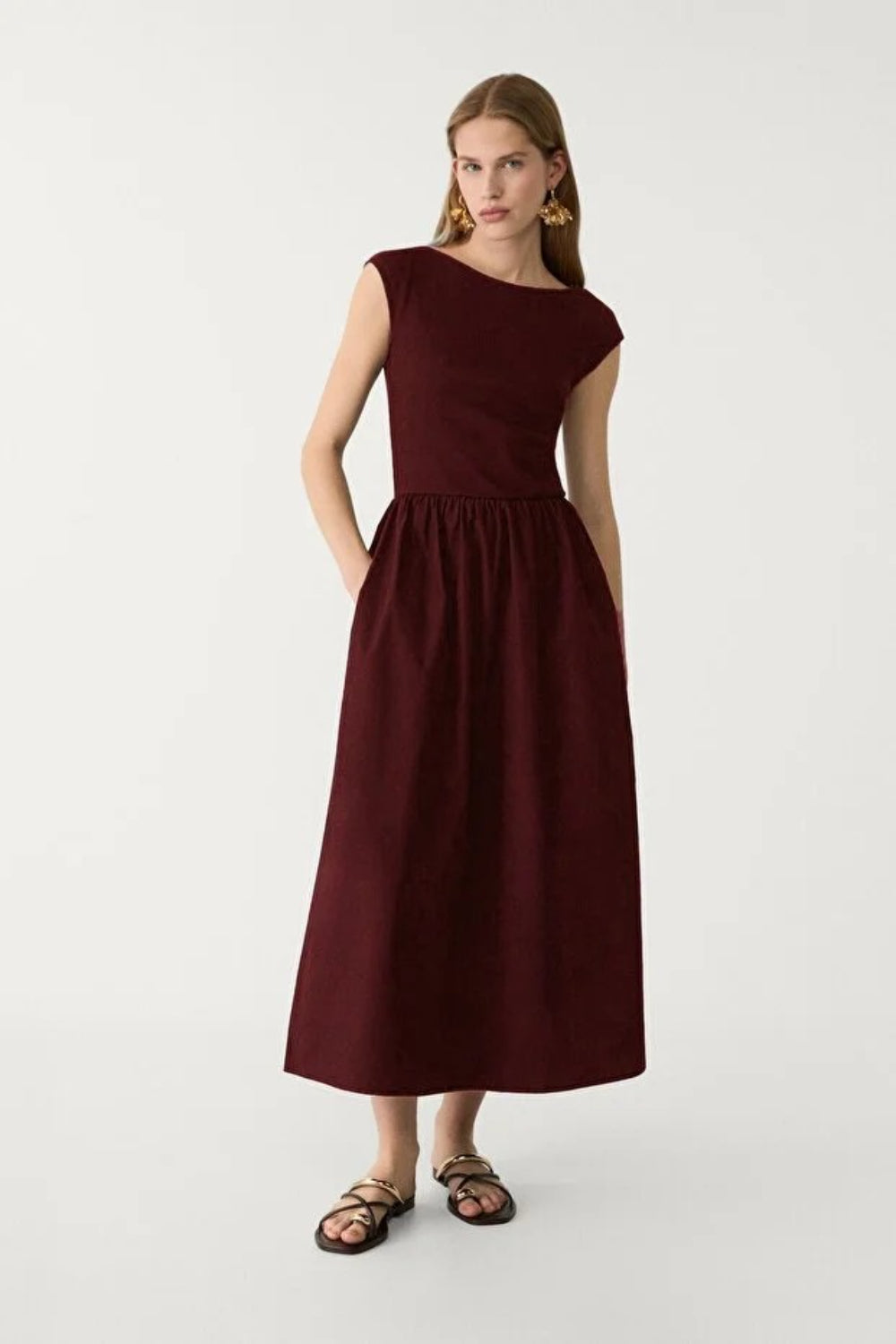 Burgundy Midi Dress with Contrast Pocket Detail