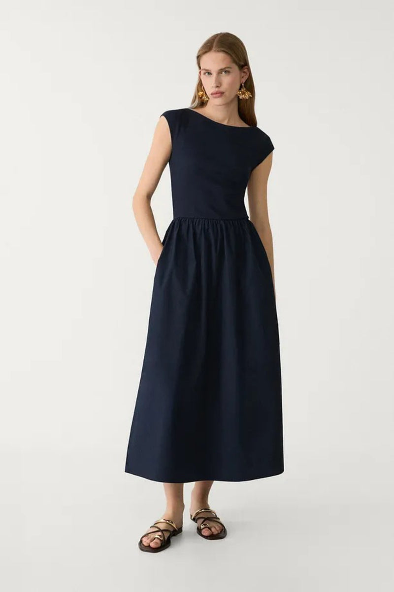 Navy Midi Dress with Contrast Pocket Detail