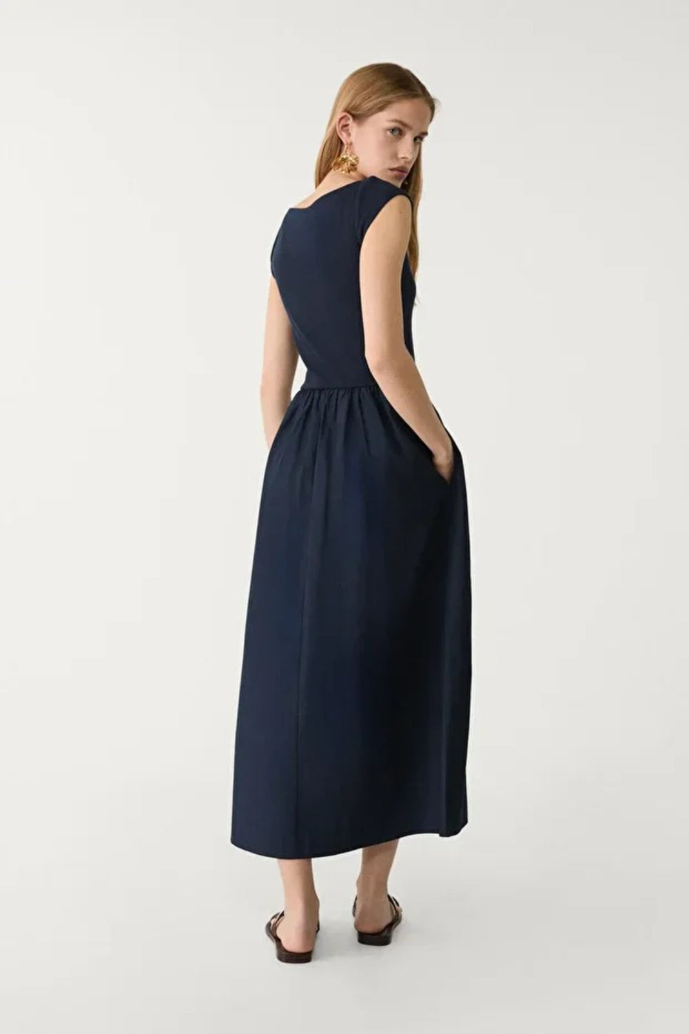 Navy Midi Dress with Contrast Pocket Detail
