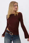 Brown Bell-Sleeve 100% Cotton Basic T-Shirt Blouse