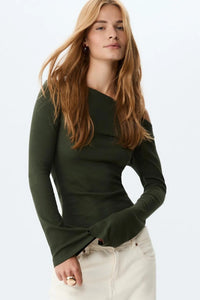 Khaki Bell-Sleeve 100% Cotton Basic T-Shirt Blouse