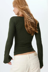 Khaki Bell-Sleeve 100% Cotton Basic T-Shirt Blouse