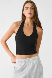 Cotton Double-Layer Halter Neck Crop Top Bodysuit in Black
