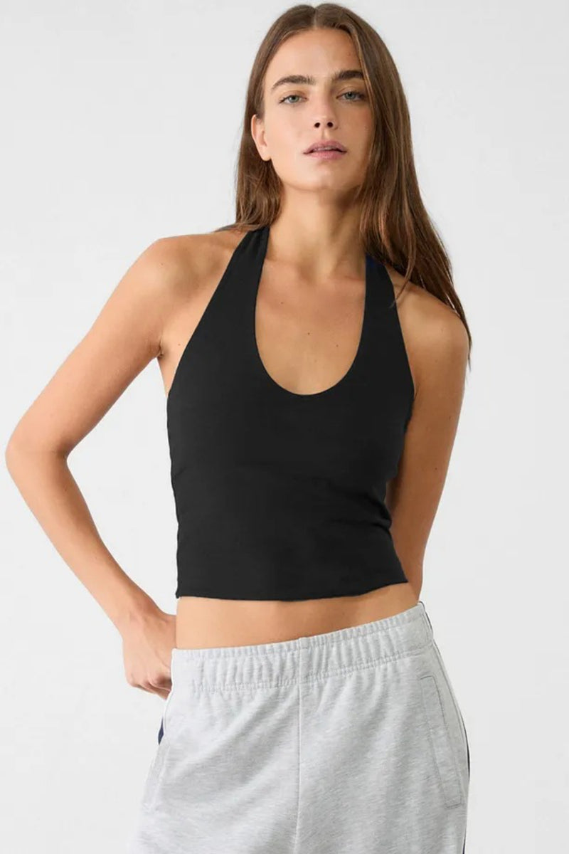 Cotton Double-Layer Halter Neck Crop Top Bodysuit in Black