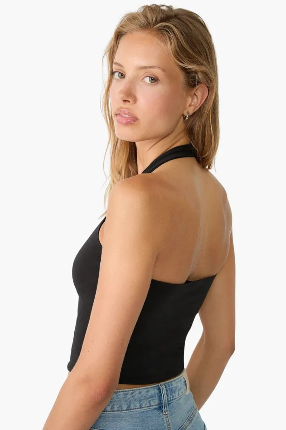 Cotton Double-Layer Halter Neck Crop Top Bodysuit in Black