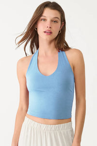 Cotton Double-Layer Halter Neck Crop Top Bodysuit in Blue