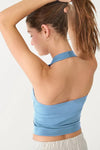 Cotton Double-Layer Halter Neck Crop Top Bodysuit in Blue