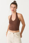 Cotton Double-Layer Halter Neck Crop Top Bodysuit in Brown