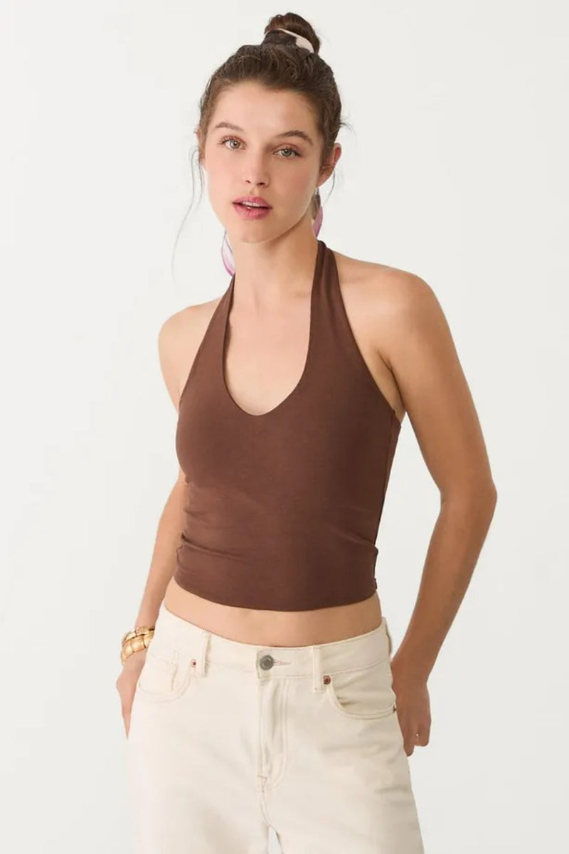 Cotton Double-Layer Halter Neck Crop Top Bodysuit in Brown