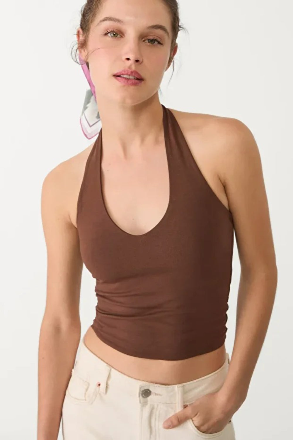 Cotton Double-Layer Halter Neck Crop Top Bodysuit in Brown