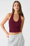 Cotton Double-Layer Halter Neck Crop Top Bodysuit in Burgundy