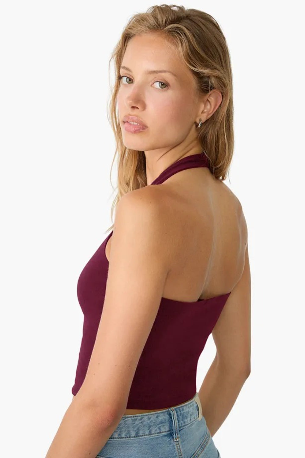 Cotton Double-Layer Halter Neck Crop Top Bodysuit in Burgundy