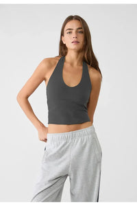 Cotton Double-Layer Halter Neck Crop Top Bodysuit in Grey