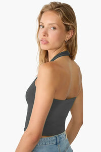 Cotton Double-Layer Halter Neck Crop Top Bodysuit in Grey