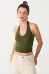 Cotton Double-Layer Halter Neck Crop Top Bodysuit in Khaki