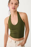 Cotton Double-Layer Halter Neck Crop Top Bodysuit in Khaki