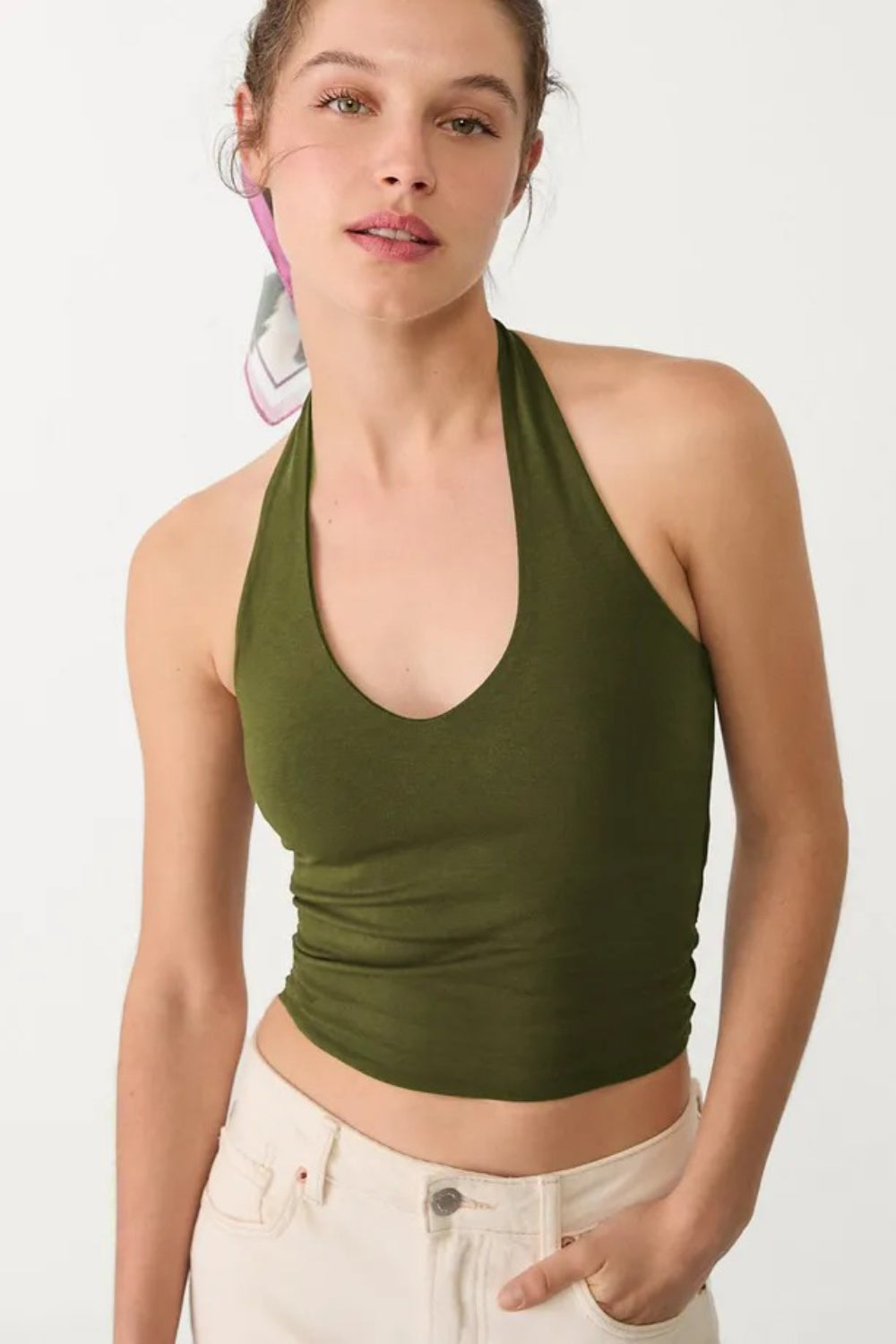 Cotton Double-Layer Halter Neck Crop Top Bodysuit in Khaki