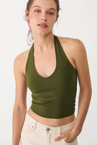 Cotton Double-Layer Halter Neck Crop Top Bodysuit in Khaki