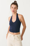 Cotton Double-Layer Halter Neck Crop Top Bodysuit in Navy