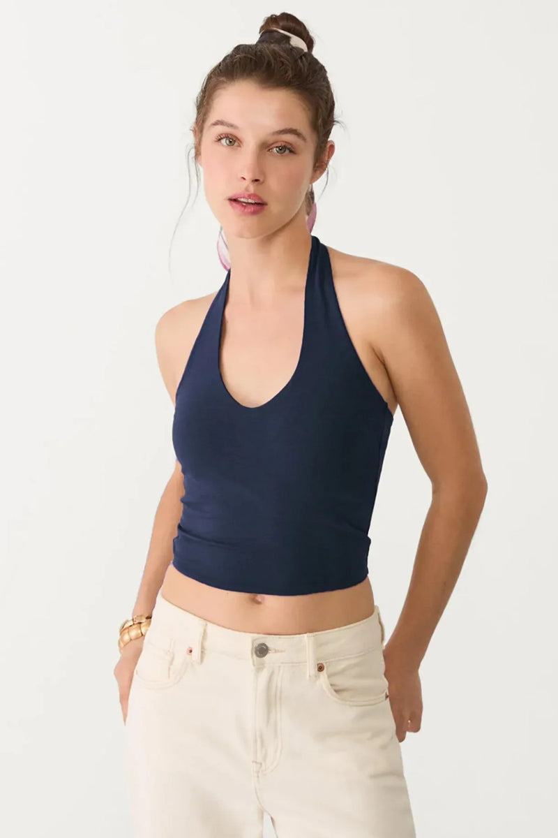 Cotton Double-Layer Halter Neck Crop Top Bodysuit in Navy