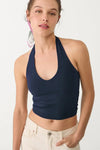 Cotton Double-Layer Halter Neck Crop Top Bodysuit in Navy
