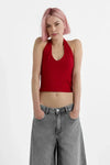 Cotton Double-Layer Halter Neck Crop Top Bodysuit in Red