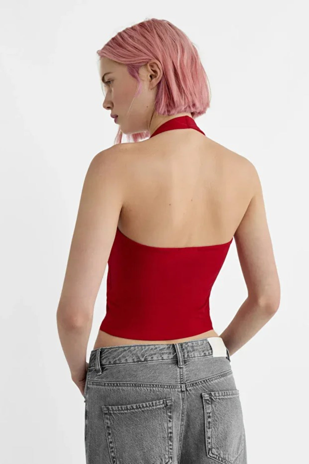 Cotton Double-Layer Halter Neck Crop Top Bodysuit in Red