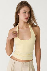 Cotton Double-Layer Halter Neck Crop Top Bodysuit in Yellow