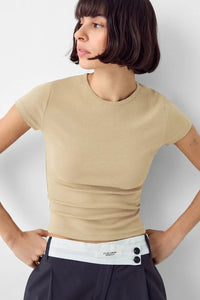 Beige Crew Neck Basic Ultra-Soft 100% Cotton Short Sleeve Top