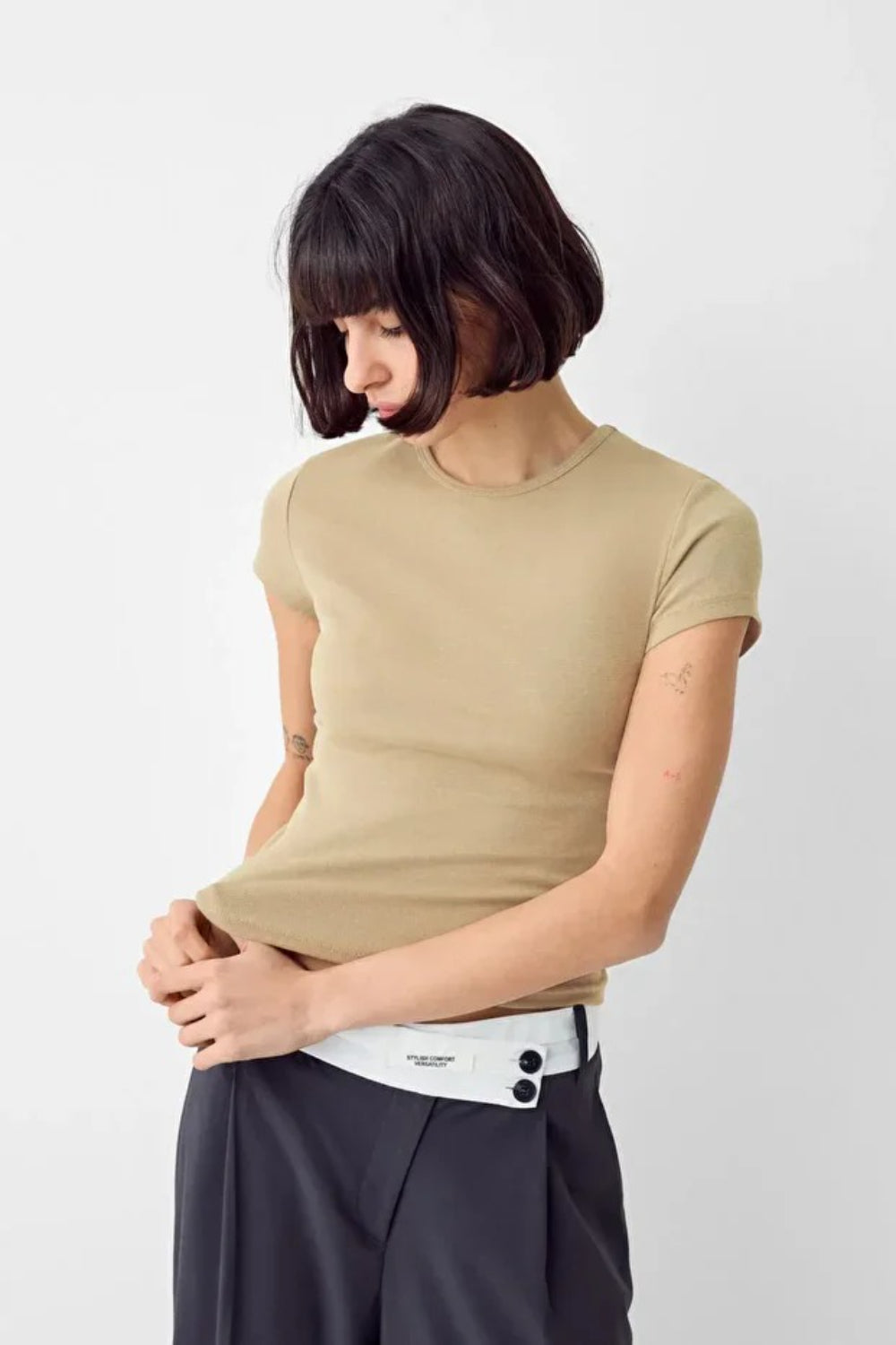 Beige Crew Neck Basic Ultra-Soft 100% Cotton Short Sleeve Top