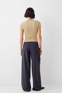 Beige Crew Neck Basic Ultra-Soft 100% Cotton Short Sleeve Top