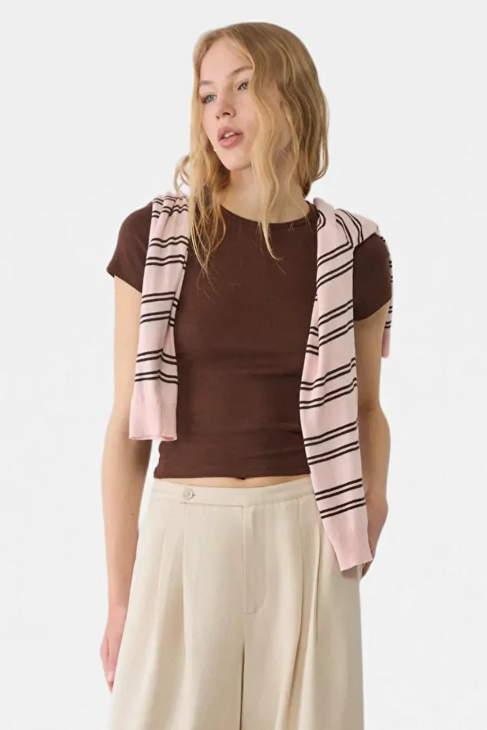 Brown Crew Neck Basic Ultra-Soft 100% Cotton Short Sleeve Top