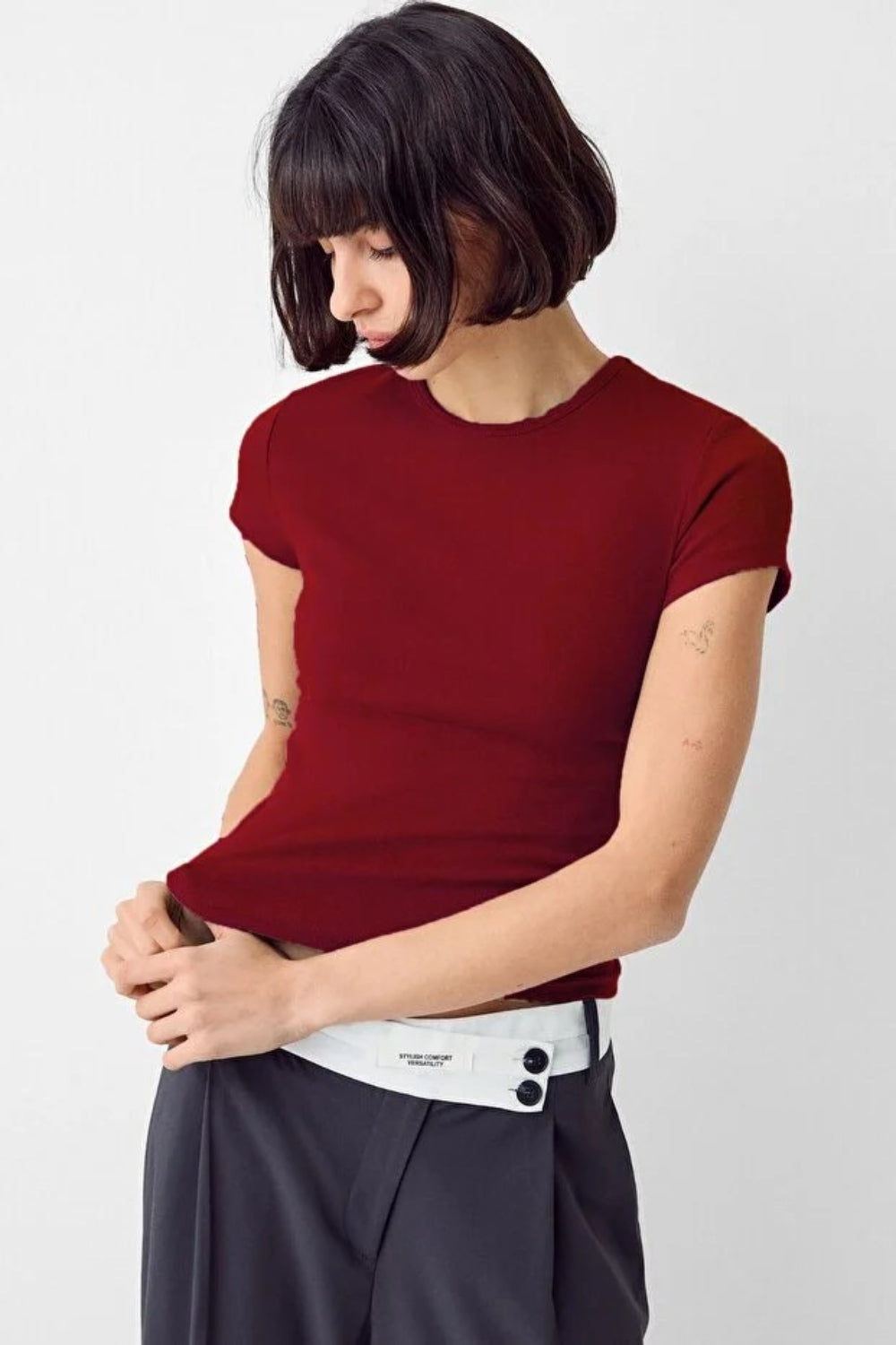 Burgundy Crew Neck Basic Ultra-Soft 100% Cotton Short Sleeve Top