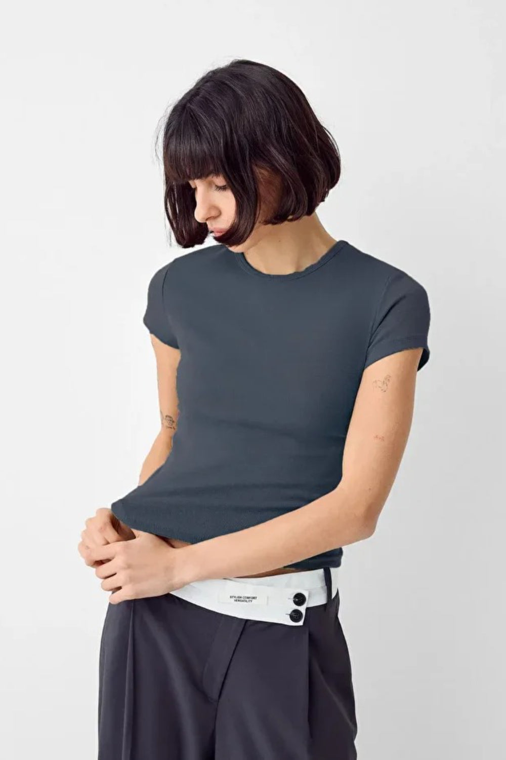 Dark Grey Crew Neck Basic Ultra-Soft 100% Cotton Short Sleeve Top