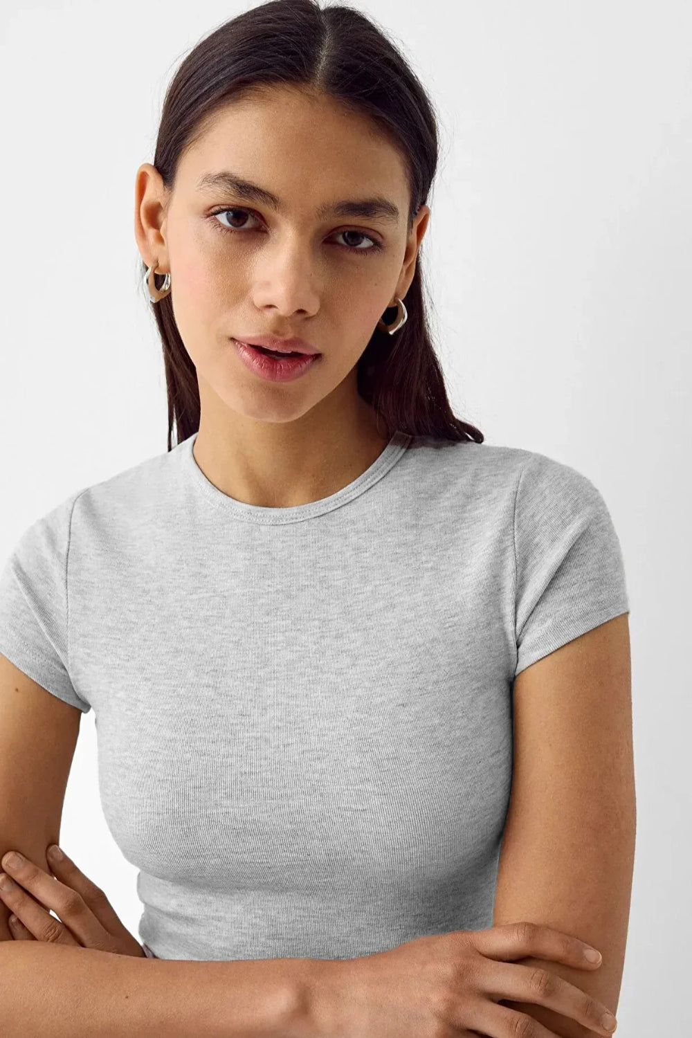 Grey Crew Neck Basic Ultra-Soft 100% Cotton Short Sleeve Top