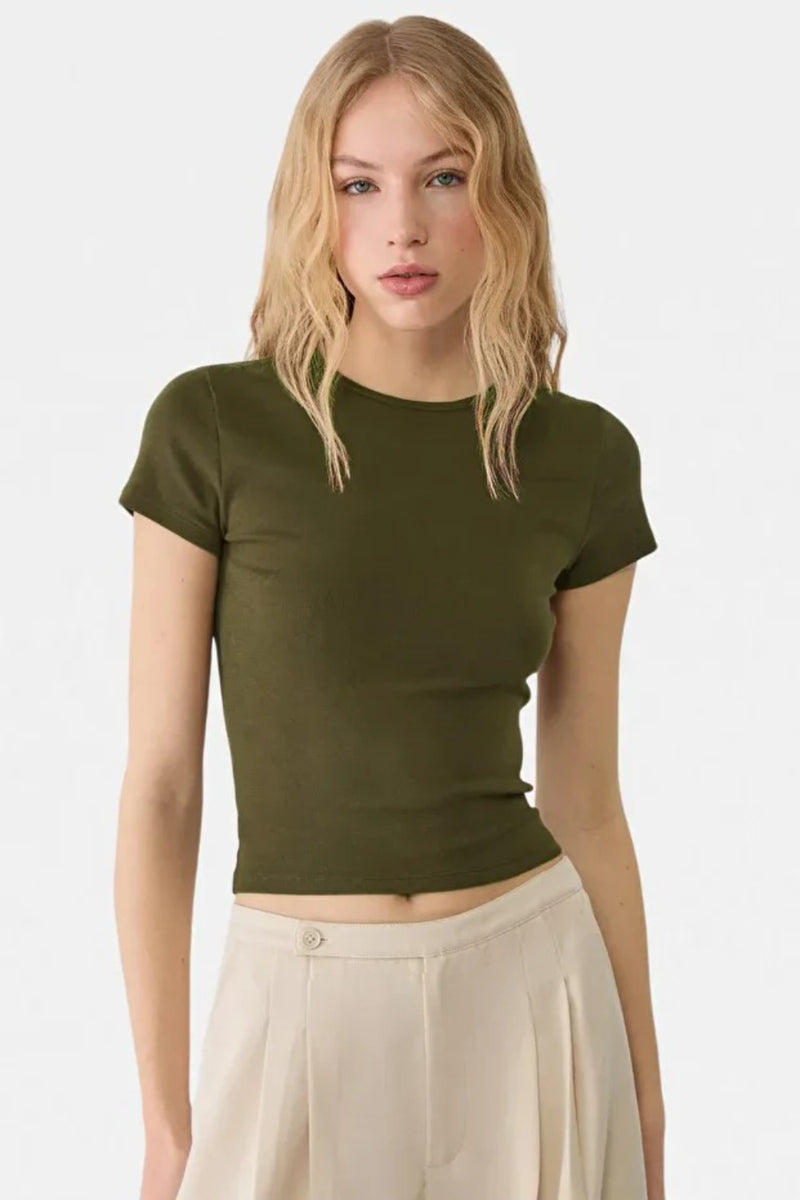 Khaki Crew Neck Basic Ultra-Soft 100% Cotton Short Sleeve Top