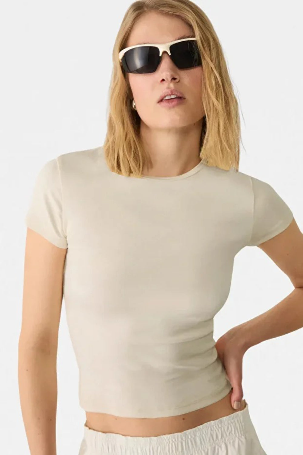 Light Beige Crew Neck Basic Ultra-Soft 100% Cotton Short Sleeve Top