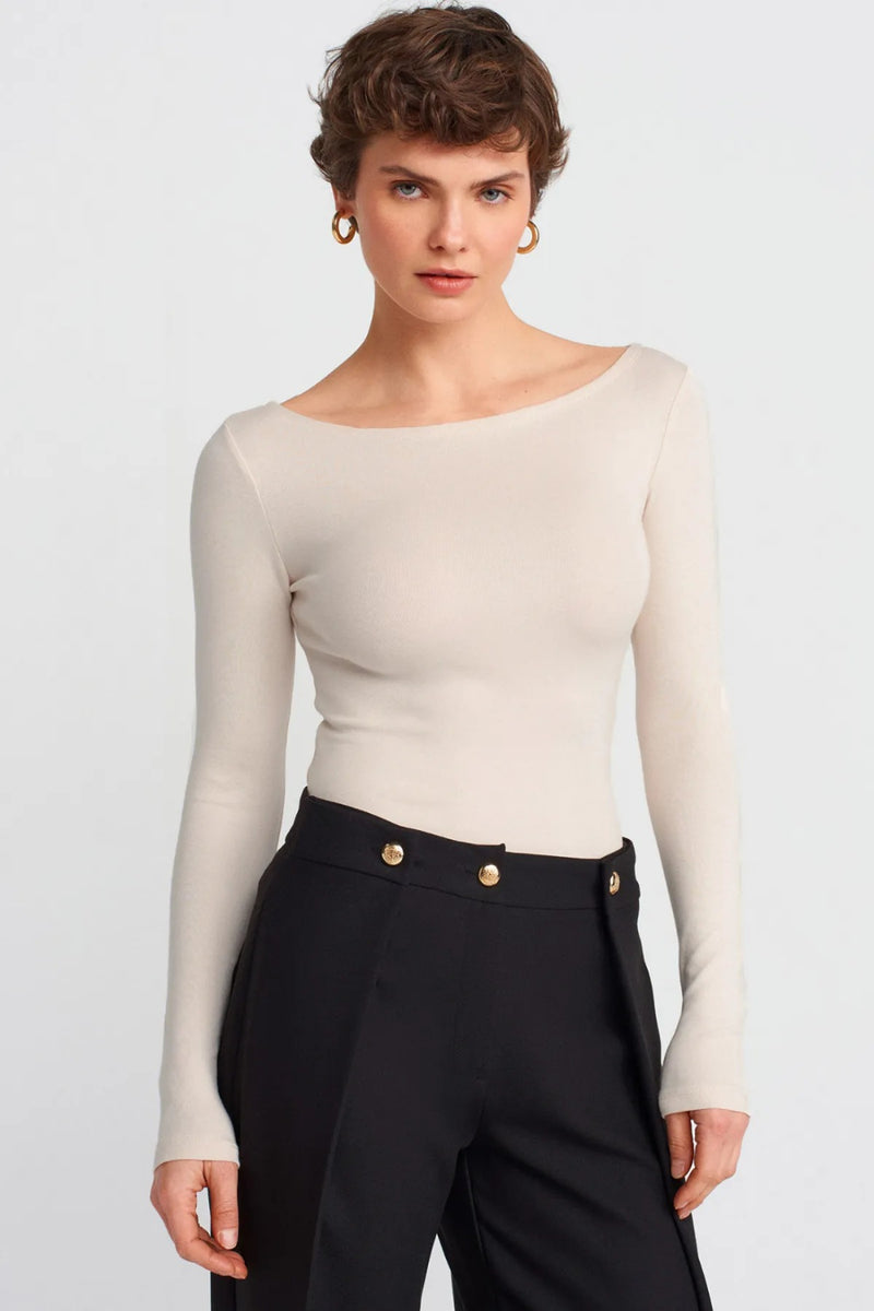 Beige Boat Neck Long-Sleeve Top 100% Cotton