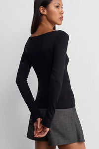 Black Boat Neck Long-Sleeve Top 100% Cotton