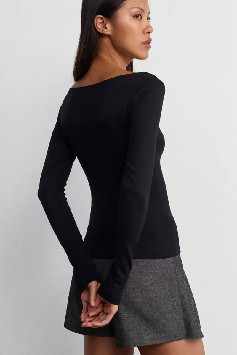 Black Boat Neck Long-Sleeve Top 100% Cotton