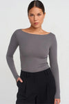 Grey Boat Neck Long-Sleeve Top 100% Cotton