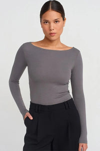 Grey Boat Neck Long-Sleeve Top 100% Cotton
