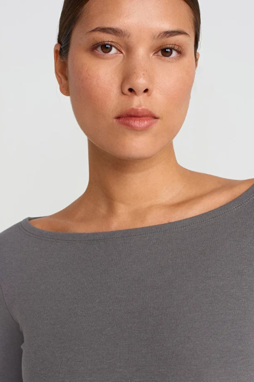 Grey Boat Neck Long-Sleeve Top 100% Cotton